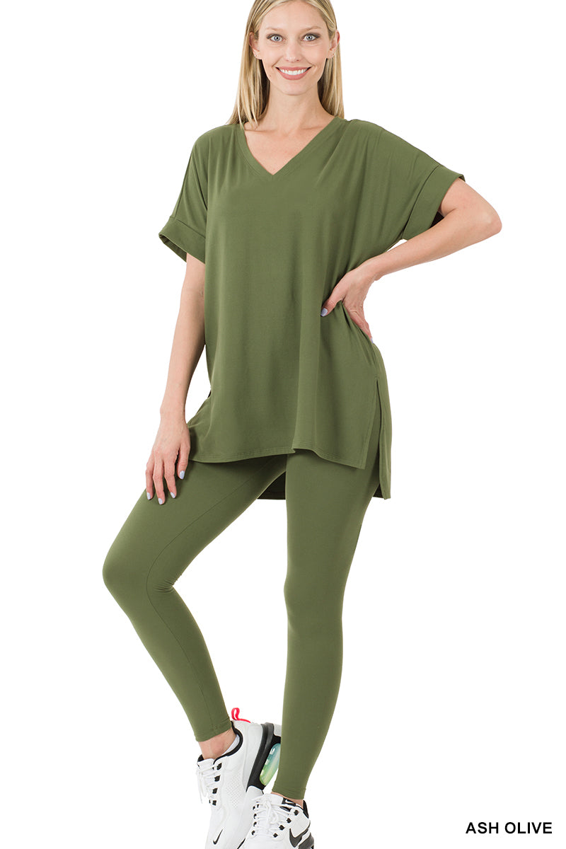 Zenana Lazy Days Long Sleeve Top and Leggings Set in Green