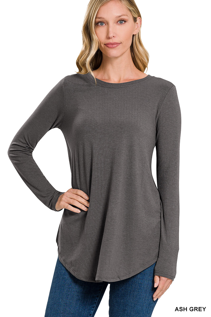 Zenana Plus Relaxed Fit Long Sleeve Round Neck & Hem Jersey Tee Shirt –