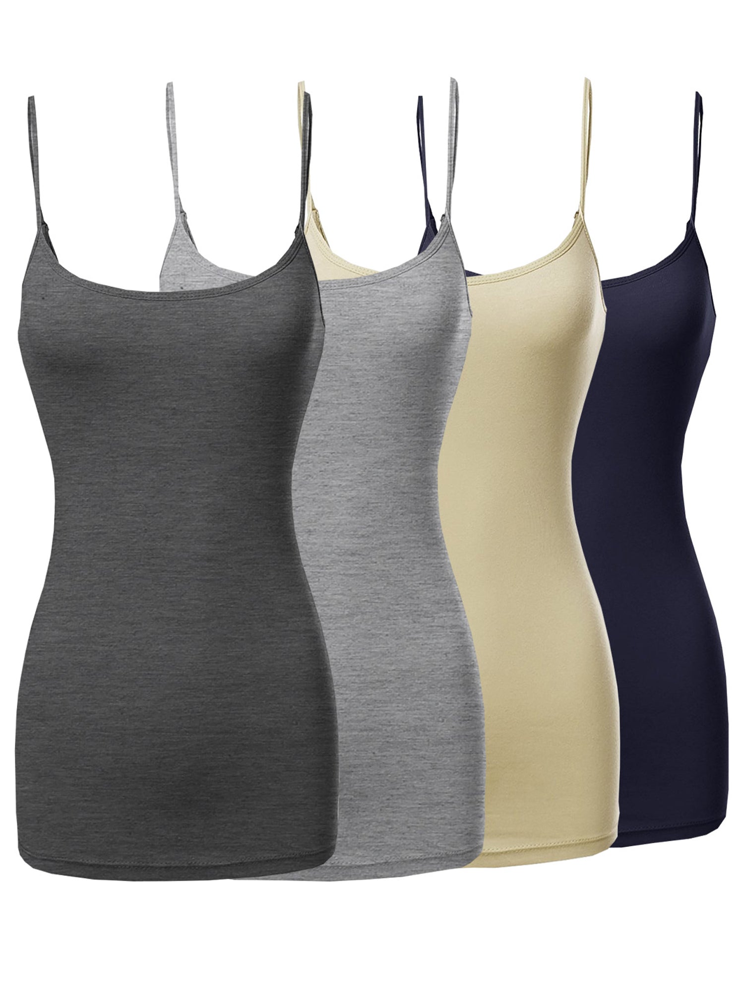 Essential Basic Women Value Pack Long Camisole Cami - Black, Black,  Charcoal, Charcoal, Small