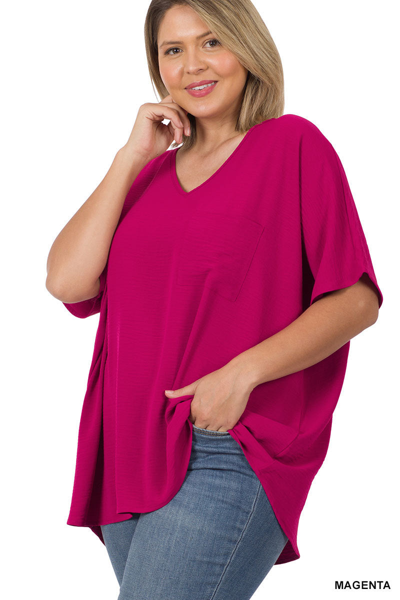 Zenana Women & Plus V Neck Woven Airflow Dolman Short Sleeve Blouse Top  with Front Pocket 