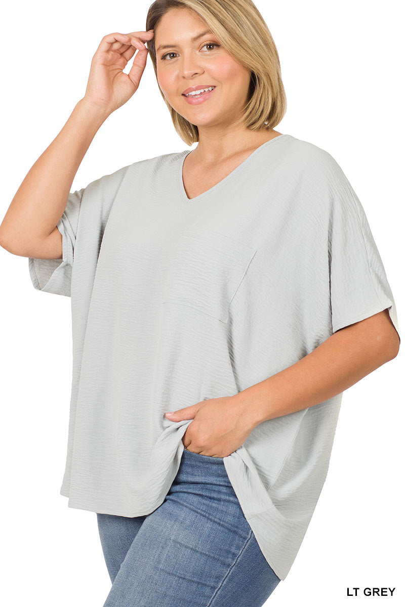 Plus Size V Neck Woven Airflow Dolman Short Sleeve Blouse Top with