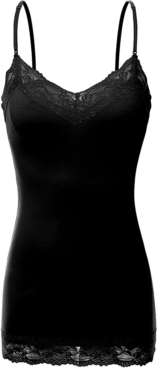 Giordano Womens Solid Black Lace Trim Thin Strap Tank Top Cami Layer Large