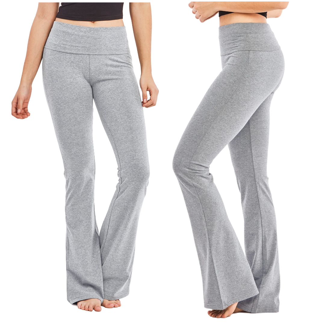 Womens Solid Cotton Foldover Boot Cut Flare Yoga Pants